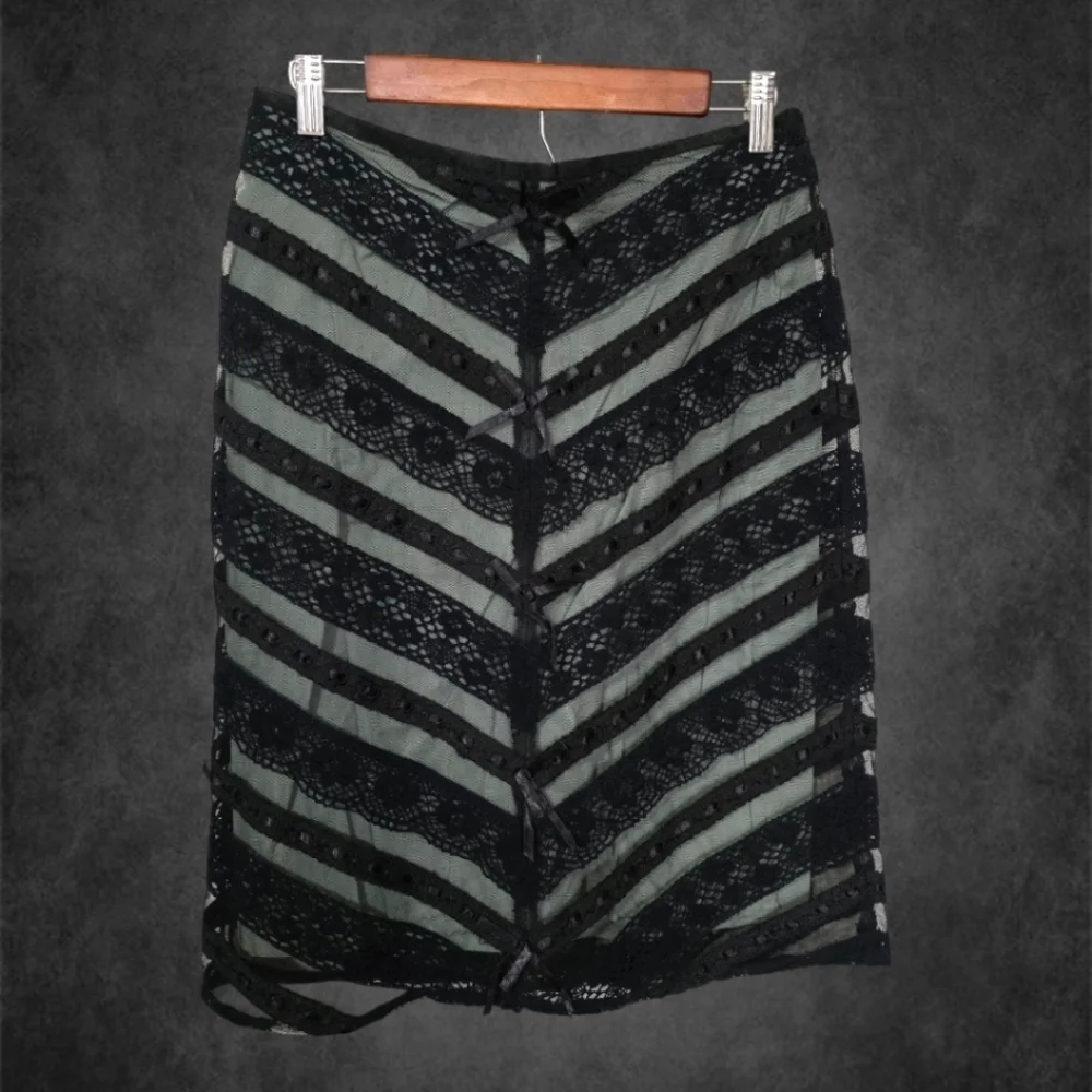 Vintage Y2k 90s Black and Baby Blue Lace Striped Skirt - Picture 2 of 8